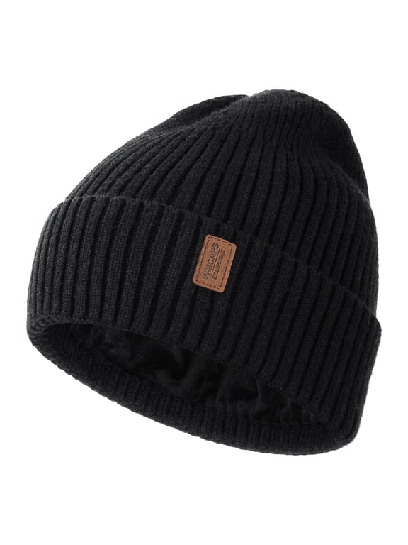 Warm Beanie Hats for Men Women, Fleece Lined Beanie Warm Winter Caps Unisex Fashion Knit Cuffed Cap(Black)
