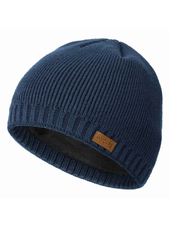 Warm Fleece Lined Beanie, Ski Stocking Skull Caps for Men Women, Unisex Thermal Knit Hat for Winter(Navy Blue)