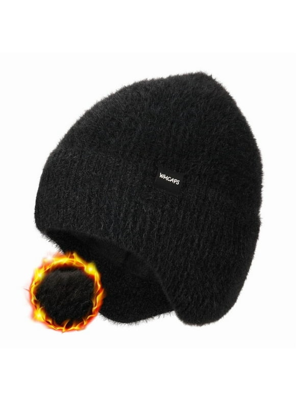 Warm Fleece Lined Beanie with Earflap, Thermal Knit Winter Hats for Men Women,Stocking Cap for Outdoor(Black)