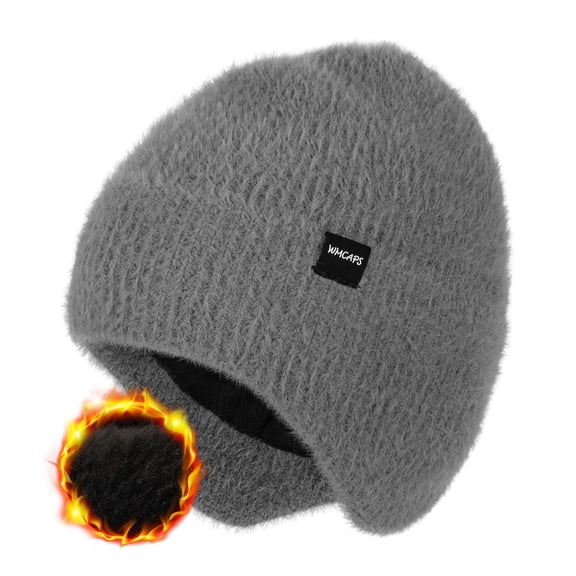 WMCAPS Warm Fleece Lined Beanie with Earflap, Thermal Knit Winter Hats for Men Women，Stocking Cap for Outdoor(Gray)