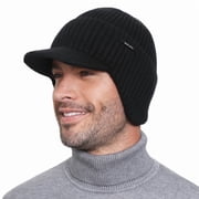 WMCAPS Winter Beanie with Brim and Ear Flaps, Outdoor Warm Fleece Lined Knit Hat Stocking Caps for Men Women Black