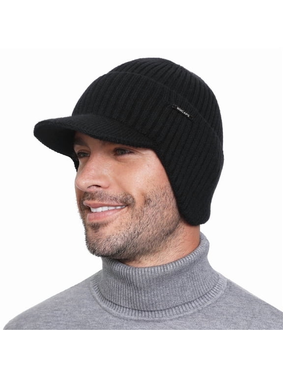 Winter Beanie with Brim and Ear Flaps, Outdoor Warm Fleece Lined Knit Hat Stocking Caps for Men Women (Black)