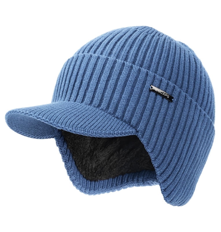 Men & Women Blue Beanie with Brim and Ear Flaps Fleece-Lined Hat Winter Fleece Line Beanie with Earflap for Men Women  main image 4