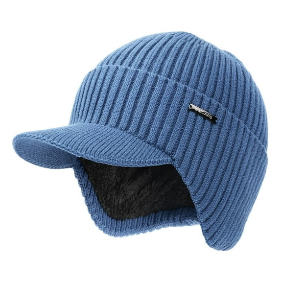 WMCAPS Winter Beanie with Brim and Ear Flaps, Outdoor Warm Fleece Lined Knit Hat Stocking Caps for Men Women (Blue)