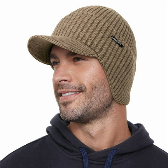 WMCAPS Winter Beanie with Brim and Ear Flaps, Outdoor Warm Fleece Lined Knit Hat Stocking Caps for Men Women (Brown)