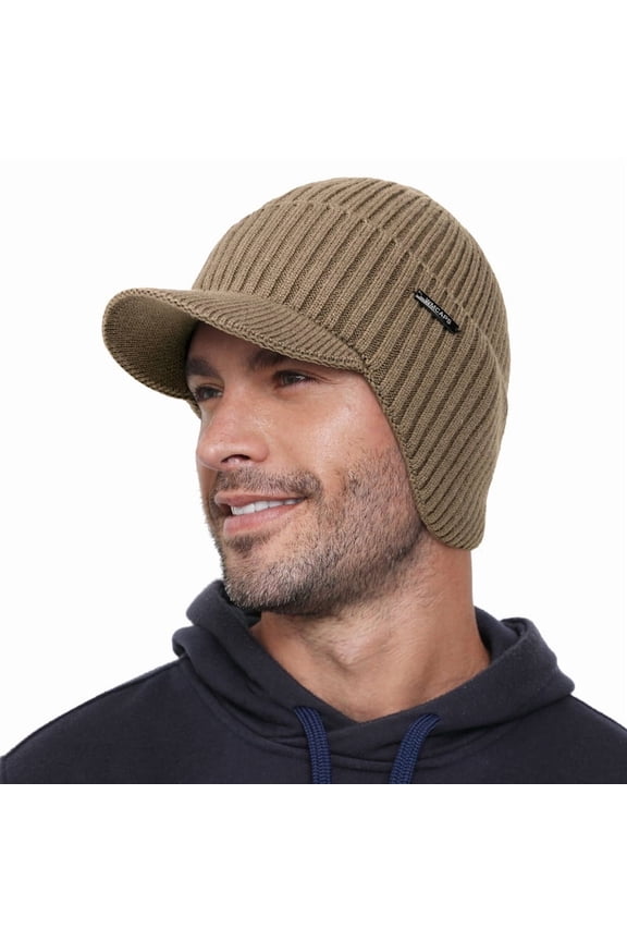 Winter Beanie with Brim and Ear Flaps, Outdoor Warm Fleece Lined Knit Hat Stocking Caps for Men Women (Brown)