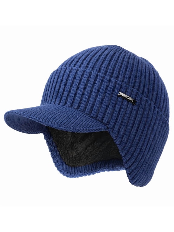 Winter Beanie with Brim and Ear Flaps, Outdoor Warm Fleece Lined Knit Hat Stocking Caps for Men Women (Dark Blue)
