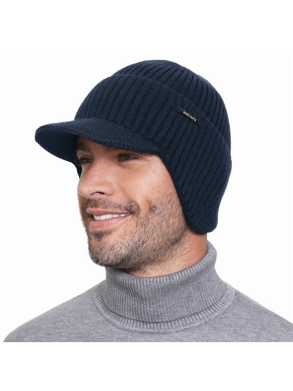 Winter Beanie with Brim and Ear Flaps, Outdoor Warm Fleece Lined Knit Hat Stocking Caps for Men Women (Navy Blue)