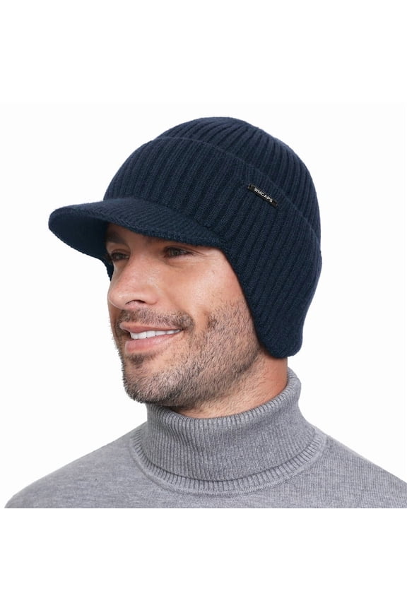 Winter Beanie with Brim and Ear Flaps, Outdoor Warm Fleece Lined Knit Hat Stocking Caps for Men Women (Navy Blue)