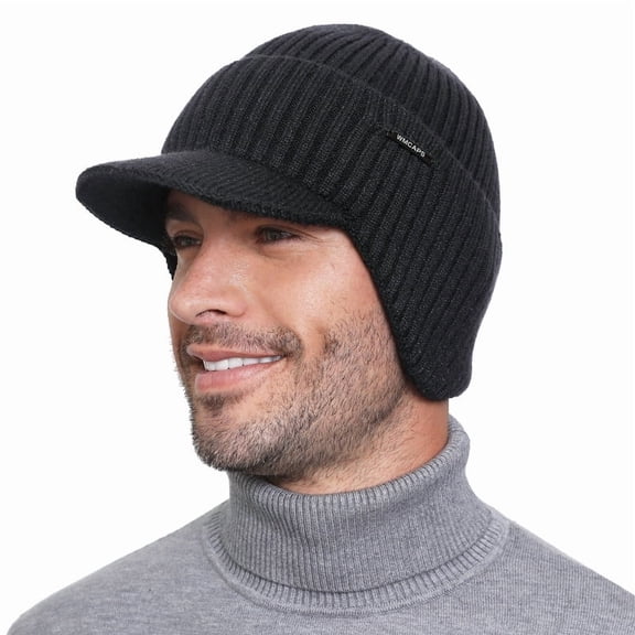 WMCAPS Winter Beanie with Brim and Ear Flaps, Outdoor Warm Fleece Lined Knit Hat Stocking Caps for Men Women (Slategrey)