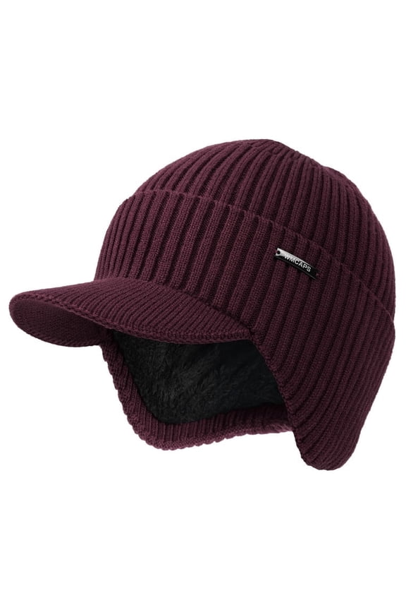 Winter Beanie with Brim and Ear Flaps, Outdoor Warm Fleece Lined Knit Hat Stocking Caps for Men Women (Wine Red)