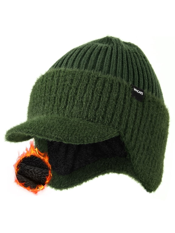 Winter Beanie with Fleece Lining, Brim and Ear Flaps Warm Thermal Hat for Men Women, Outdoor Stocking Cap (Army Green)