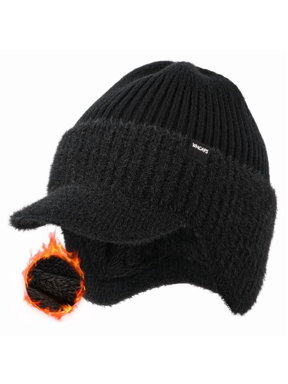 Winter Beanie with Fleece Lining, Brim and Ear Flaps Warm Thermal Hat for Men Women, Outdoor Stocking Cap (Black)