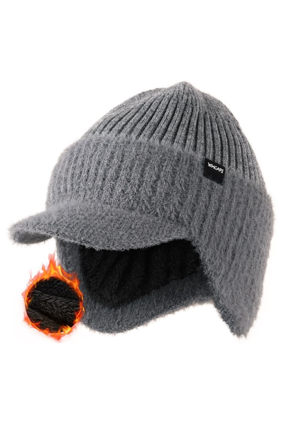 Winter Beanie with Fleece Lining, Brim and Ear Flaps Warm Thermal Hat for Men Women, Outdoor Stocking Cap (Gray)