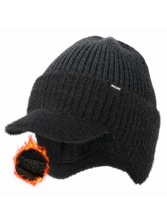Winter Beanie with Fleece Lining, Brim and Ear Flaps Warm Thermal Hat for Men Women, Outdoor Stocking Cap (Slategrey)