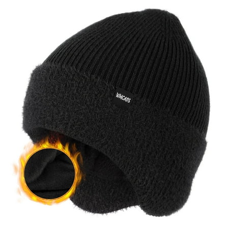 WMCAPS Winter Fleece Line Beanie Hats with Earflap for Men Women, Outdoor Warm Thermal Knitted Stocking Caps(Black)