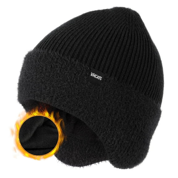 WMCAPS Winter Fleece Line Beanie Hats with Earflap for Men Women, Outdoor Warm Thermal Knitted Stocking Caps(Black)