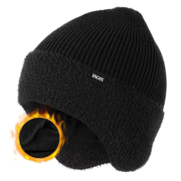 WMCAPS Winter Fleece Line Beanie Hats with Earflap for Men Women, Outdoor Warm Thermal Knitted Stocking Caps(Black)