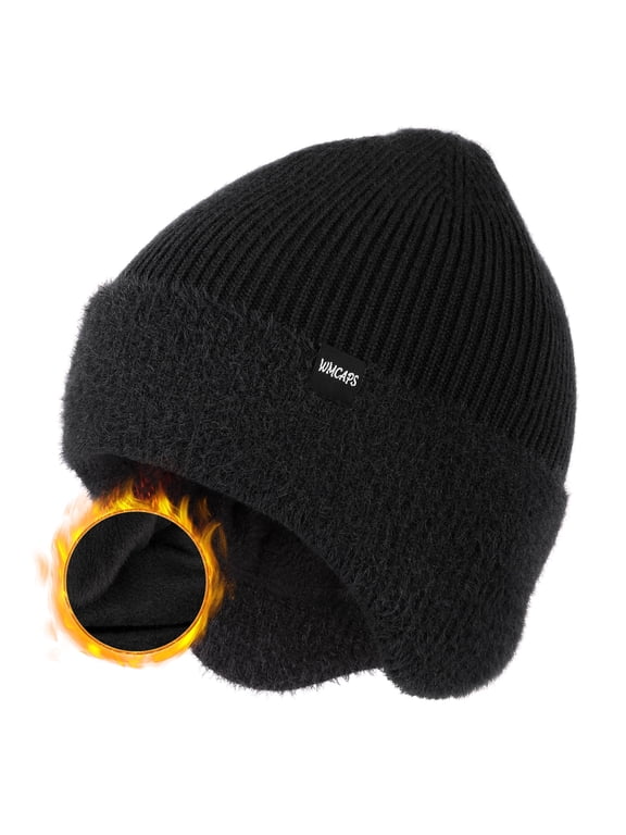 Winter Fleece Line Beanie Hats with Earflap for Men Women, Outdoor Warm Thermal Knitted Stocking Caps(Black)