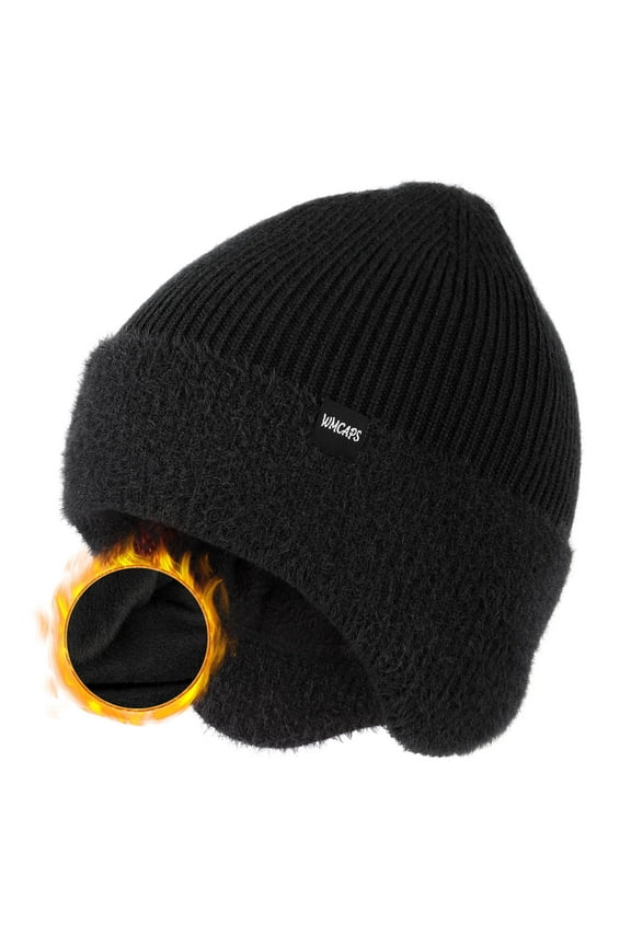 Winter Fleece Line Beanie Hats with Earflap for Men Women, Outdoor Warm Thermal Knitted Stocking Caps(Black)