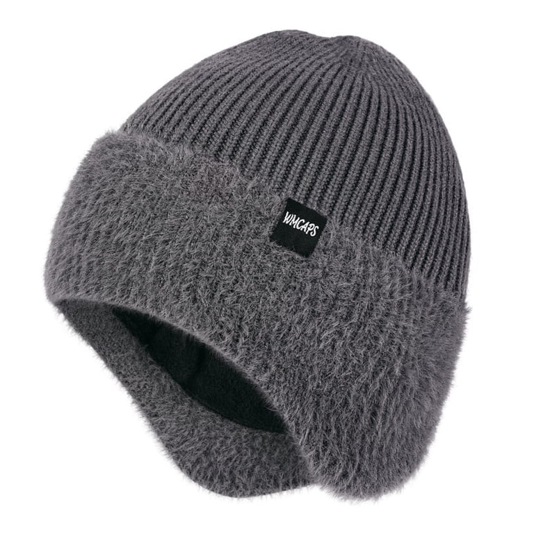 Men & Women Charcoal Gray Beanie with Brim and Ear Flaps Fleece-Lined Hat WMCAPS Warm Fleece Lined Beanie with Earflap, Thermal Knit  main image 4