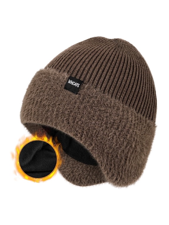 Winter Fleece Line Beanie Hats with Earflap for Men Women, Outdoor Warm Thermal Knitted Stocking Caps(Dark Brown)
