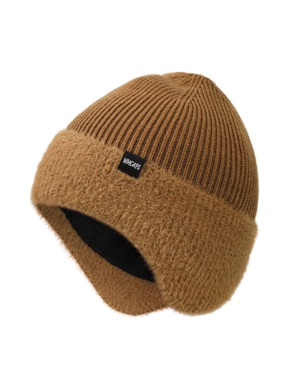 Winter Fleece Line Beanie Hats with Earflap for Men Women, Outdoor Warm Thermal Knitted Stocking Caps(Golden Brown)