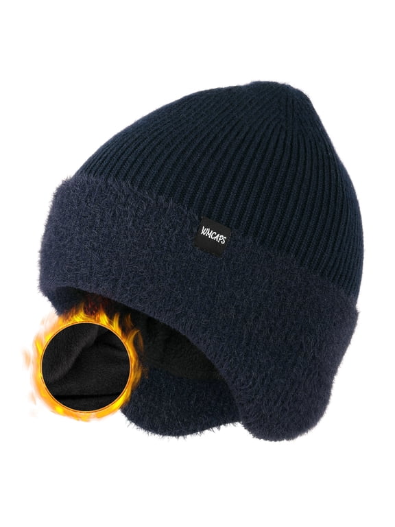 Winter Fleece Line Beanie Hats with Earflap for Men Women, Outdoor Warm Thermal Knitted Stocking Caps(Navy Blue)