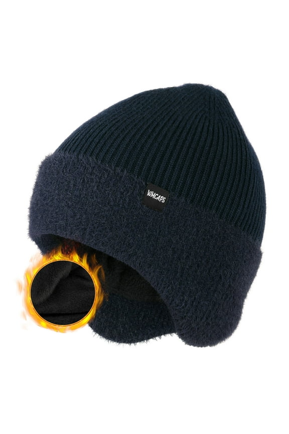 Winter Fleece Line Beanie Hats with Earflap for Men Women, Outdoor Warm Thermal Knitted Stocking Caps(Navy Blue)