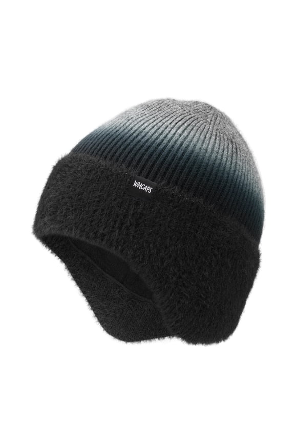 Winter Fleece Line Beanie Hats with Earflap for Men Women, Outdoor Warm Thermal Knitted Stocking Caps(Tie Dye Black/Gray)