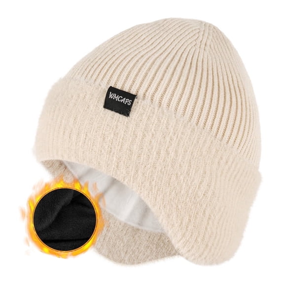WMCAPS Winter Fleece Line Beanie Hats with Earflap for Men Women, Outdoor Warm Thermal Knitted Stocking Caps(White)