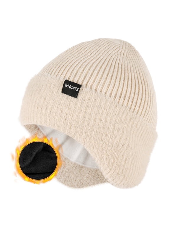 Winter Fleece Line Beanie Hats with Earflap for Men Women, Outdoor Warm Thermal Knitted Stocking Caps(White)