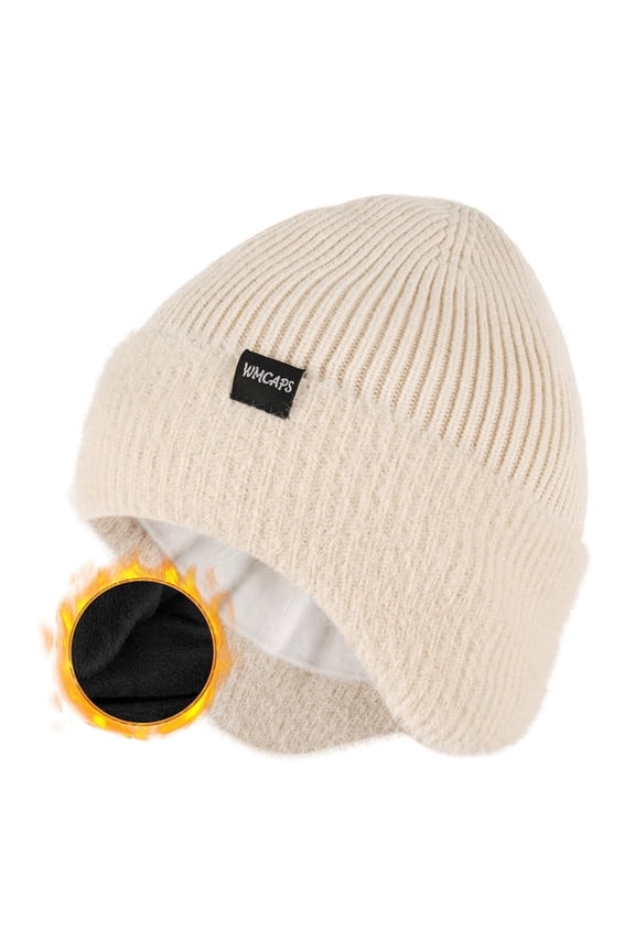 Winter Fleece Line Beanie Hats with Earflap for Men Women, Outdoor Warm Thermal Knitted Stocking Caps(White)