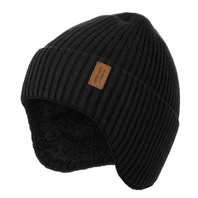 Winter Fleece Line Beanie with Earflap for Men Women, Unisex Warm Thermal Hat for Outdoor Ski Stocking Caps (Black)