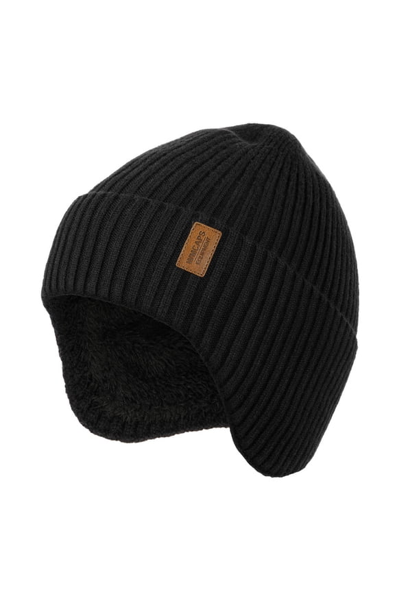 Winter Fleece Line Beanie with Earflap for Men Women, Unisex Warm Thermal Hat for Outdoor Ski Stocking Caps (Black)