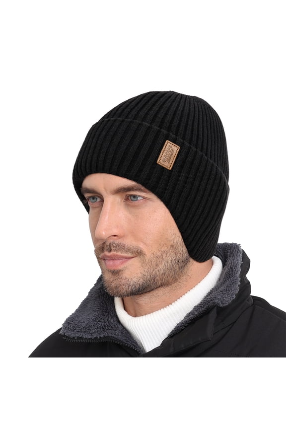 Winter Fleece Line Beanie with Earflap for Men Women, Unisex Warm Thermal Hat for Outdoor Ski Stocking Caps (Black)