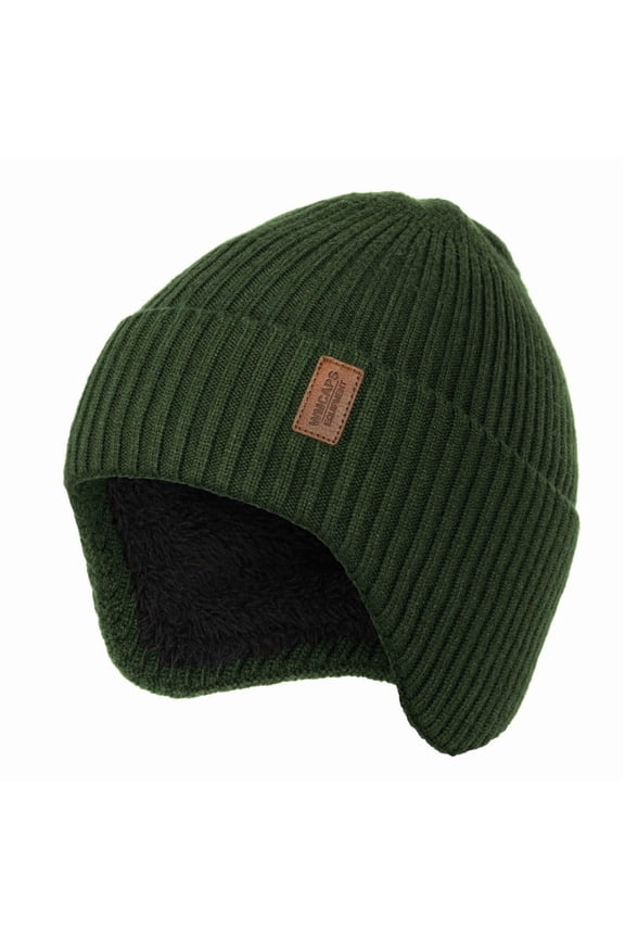 Winter Fleece Line Beanie with Earflap for Men Women, Unisex Warm Thermal Hat for Outdoor Ski Stocking Caps (Dark Army Green)