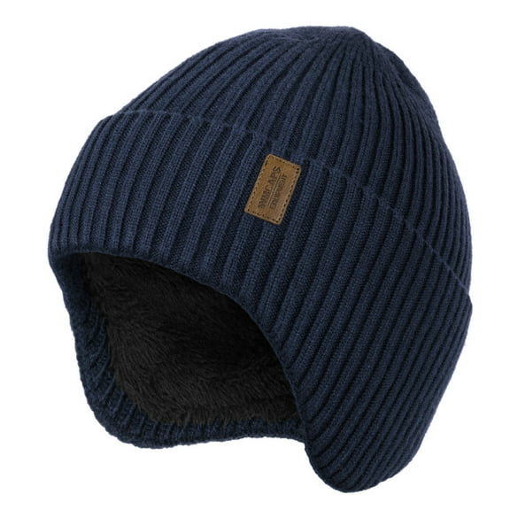 WMCAPS Winter Fleece Line Beanie with Earflap for Men Women, Unisex Warm Thermal Hat for Outdoor Ski Stocking Caps (Navy Blue)
