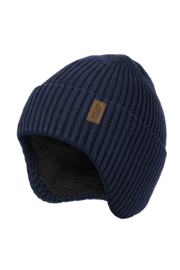 Winter Fleece Line Beanie with Earflap for Men Women, Unisex Warm Thermal Hat for Outdoor Ski Stocking Caps (Navy Blue)