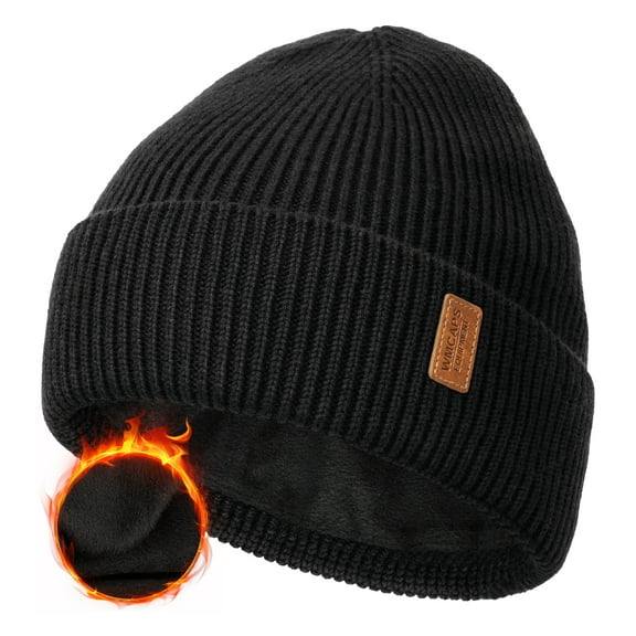 WMCAPS Wool Fleece Lined Beanie Winter Hats for Men Women, Warm Thermal Kint Cap for Outdoor(Black)