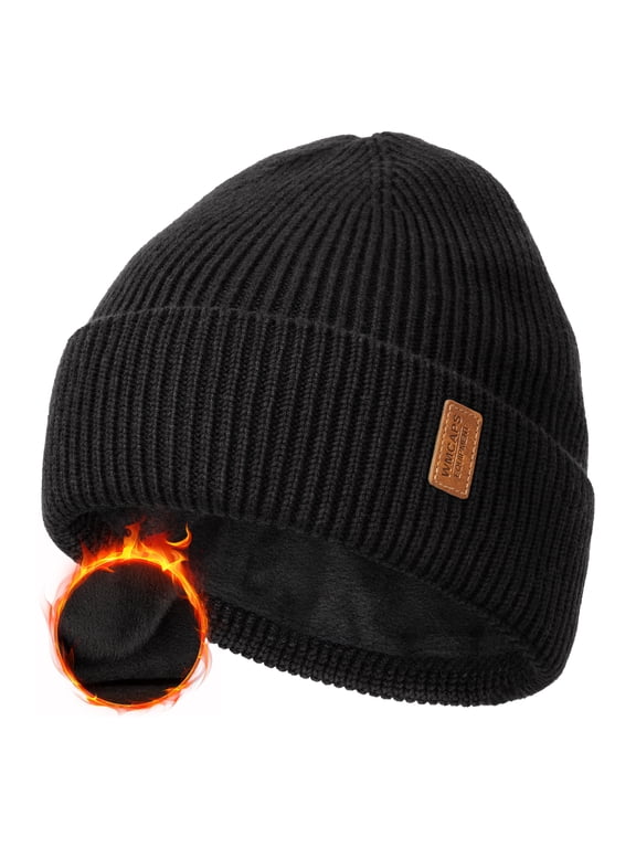 Wool Fleece Lined Beanie Winter Hats for Men Women, Warm Thermal Kint Cap for Outdoor(Black)