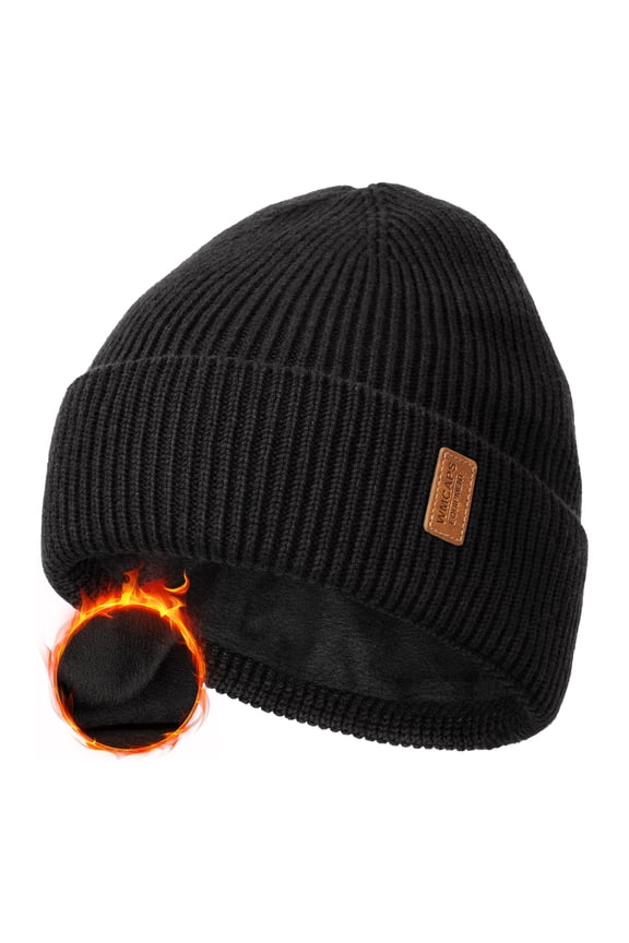 Wool Fleece Lined Beanie Winter Hats for Men Women, Warm Thermal Kint Cap for Outdoor(Black)