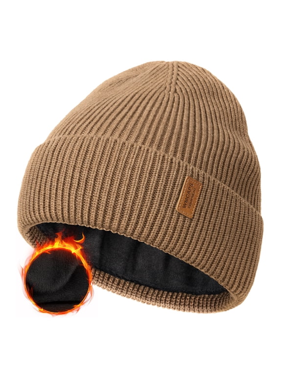 Wool Fleece Lined Beanie Winter Hats for Men Women, Warm Thermal Kint Cap for Outdoor(Brown)