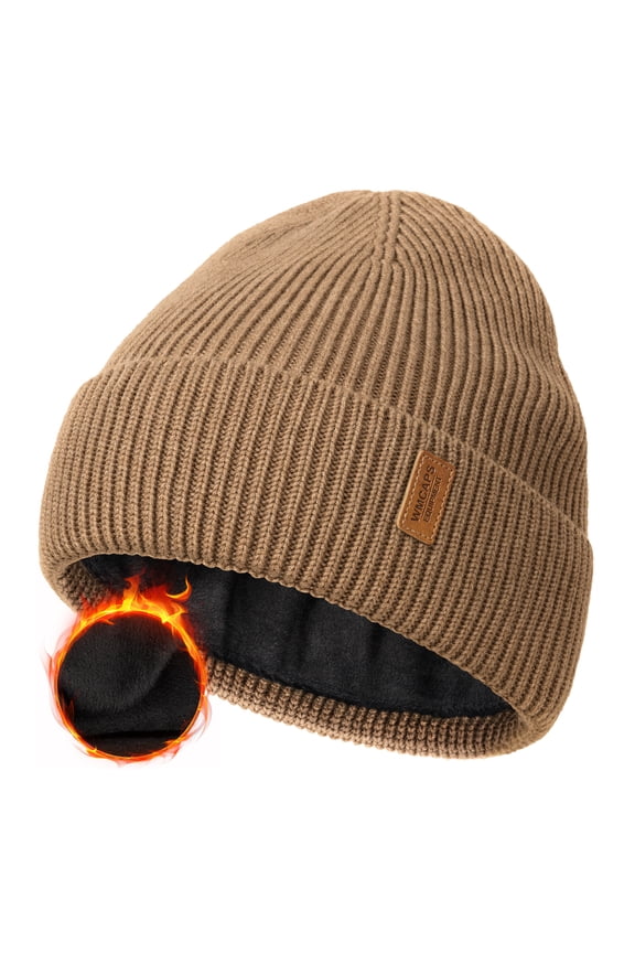 Wool Fleece Lined Beanie Winter Hats for Men Women, Warm Thermal Kint Cap for Outdoor(Brown)