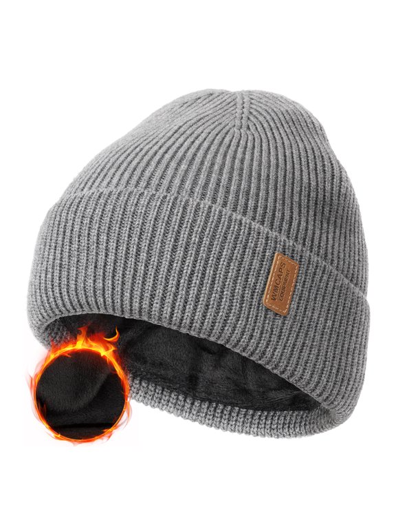Wool Fleece Lined Beanie Winter Hats for Men Women, Warm Thermal Kint Cap for Outdoor(Gray)