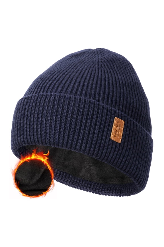 Wool Fleece Lined Beanie Winter Hats for Men Women, Warm Thermal Kint Cap for Outdoor(Navy Blue)