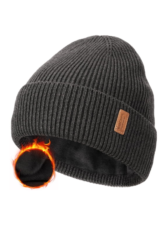 Wool Fleece Lined Beanie Winter Hats for Men Women, Warm Thermal Kint Cap for Outdoor(Slate Gray)