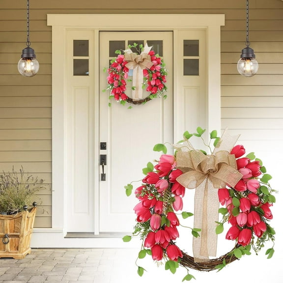 WMGHA 17.7 Inch Spring Floral Wreath Boho Wall Decor – Hanging Wood Beads Fake Rose Flower Garland Farmhouse Wreath for Front Door- Indoor/Outdoor Door Wreath and Window Decor