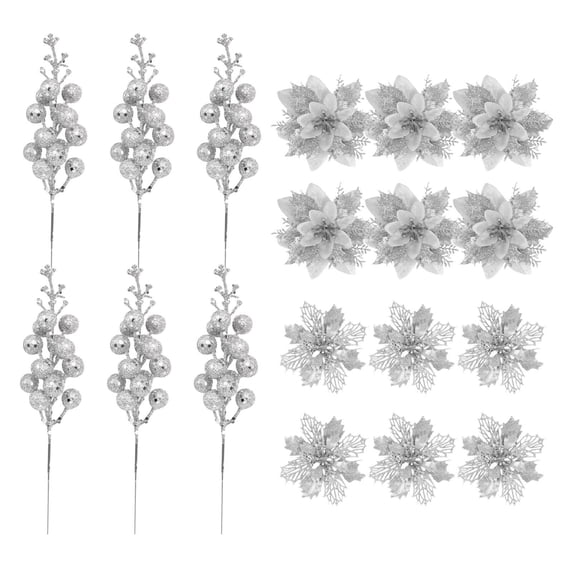 WMGHA 18 Pcs 3 Styles Christmas Glitter Poinsettia Flowers Artificial Berry Picks Christmas Tree Ornaments Artificial Christmas Flowers with Clips for Xmas Wedding Wreath Floral Decorations