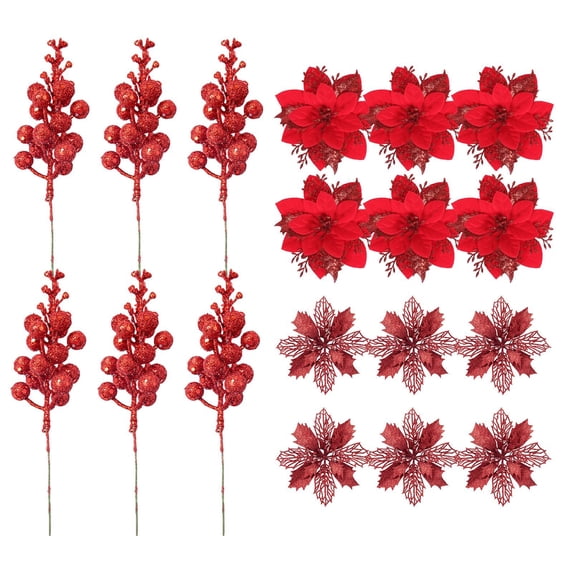 WMGHA 18 Pcs 3 Styles Christmas Glitter Poinsettia Flowers Artificial Berry Picks Christmas Tree Ornaments Artificial Christmas Flowers with Clips for Xmas Wedding Wreath Floral Decorations